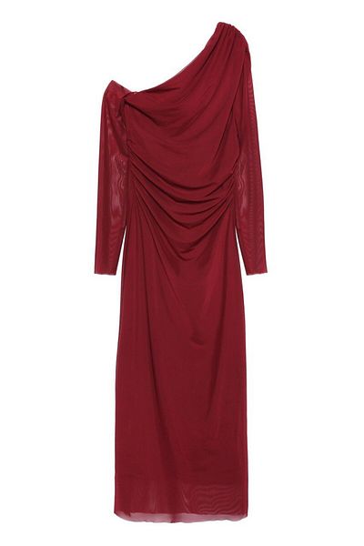 Quzu Red Asymmetric Collar Tulle Midi Dress