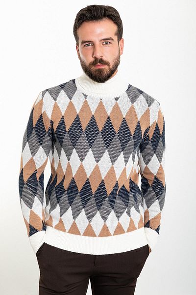 Mcr Patterned Slim Fit Full Turtleneck Wool Men's Knitwear Sweater Ecru - 11458.23K