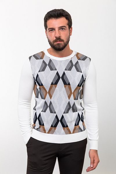 Mcr Patterned Slim Fit Crew Neck Wool Men's Knitwear Sweater Ecru - 11453.23K