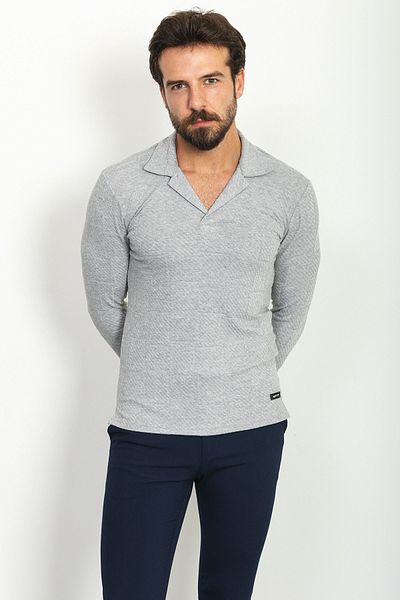 Mcr Ανδρικό μπλουζάκι με μοτίβο Slim Fit με μακρυμάνικο γιακά με ανοιχτό γκρι - 36755.22k