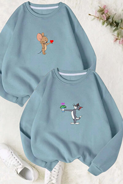 FECCY Tom Ve Jerry Baskılı Sevgili Kombini Tasarım Sweatshirt