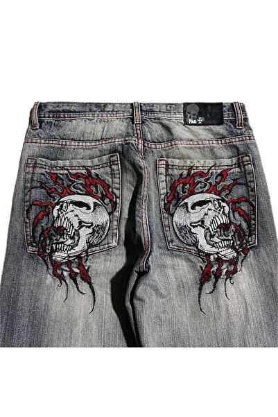 8line Gray Double Fire Skull Streetwear Washed Jean Trousers