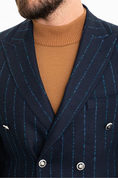 Mcr Striped Slim Fit Wide Collar Double Breasted Wool Men's Jacket Navy Blue - 40340.23K