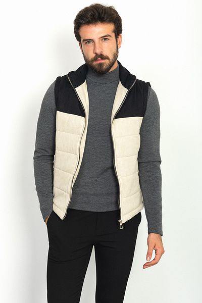 Mcr Partial Slim Fit Judge Collar Men's Vest Stone-Black - 40926.22K