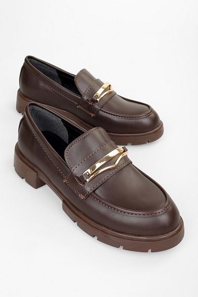 Shoeberry Women's Glide Brown Skin Buckle Detailed Loafer