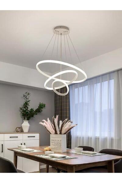 Lambadar Üçlü Halka Model Sarkıt Modern Led Beyaz Işık Ultra Power Led Avize Salon Mutfak Oda Ledli Avize