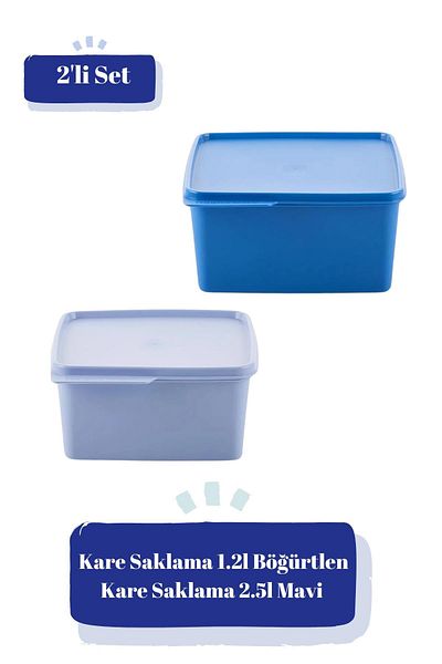 Tupperware Square Storage Container Set of 2 1.2 Liter Section and 2.5 Liter Blue Practical Food Storage Containers