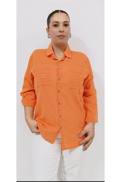 AKŞEN GİYİM Cămașă cu mâneci pliabile, 100% bumbac, in, buzunare duble, guler