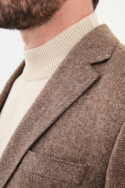 Mcr Patterned Slim Fit Mono Collar Classic Wool Men's Jacket Brown - 44312.24K
