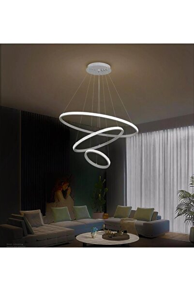 Lambadar Üçlü Halka Model Sarkıt Modern Led Beyaz Işık Ultra Power Led Avize Salon Mutfak Oda Ledli Avize
