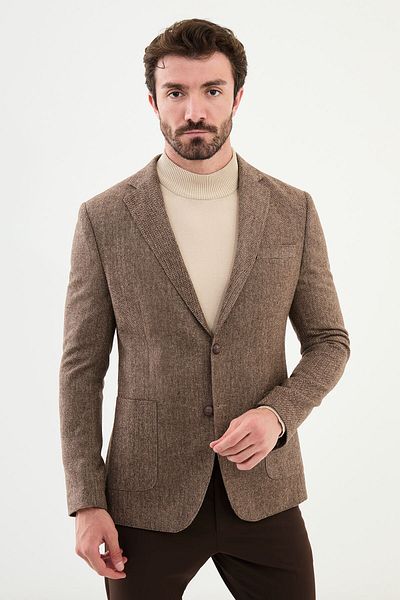 Mcr Patterned Slim Fit Mono Collar Classic Wool Men's Jacket Brown - 44312.24K