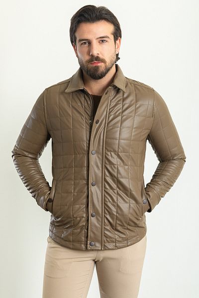 Mcr Quilted Slim Fit Shirt Collar Faux Leather Men's Coat Mink - 39573.23K