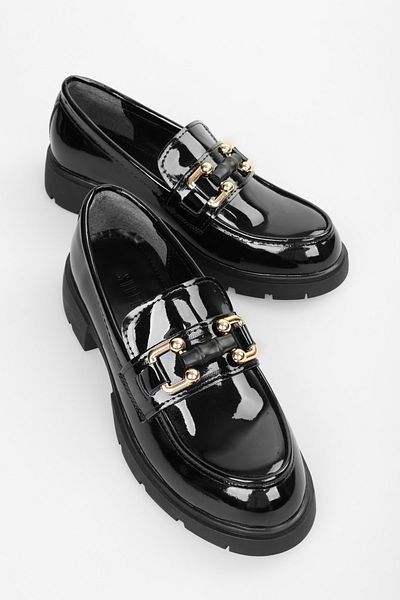 Shoeberry Women's Roye Black Patent Leather Buckle Detailed Loafer