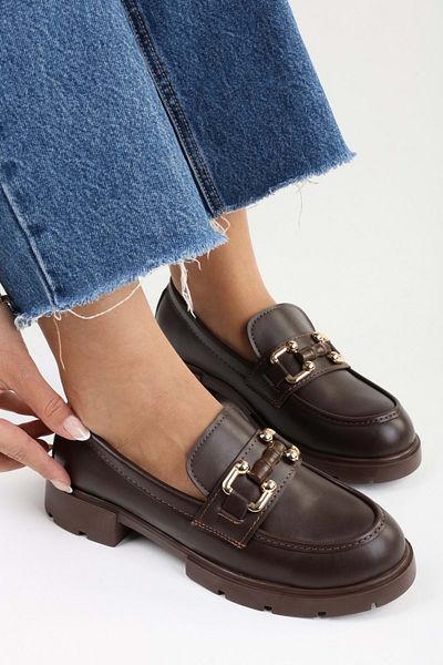 Shoeberry Women's Roye Brown Skin Buckle Detailed Loafer