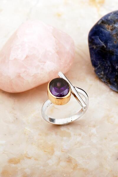 Sümer Telkari Ametist Taşlı Elişi Asimetrik Tasarım Gümüş Yüzük 5908