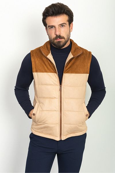 Mcr Partial Slim Fit Judge Collar Men's Vest Beige-Brick - 40926.22K