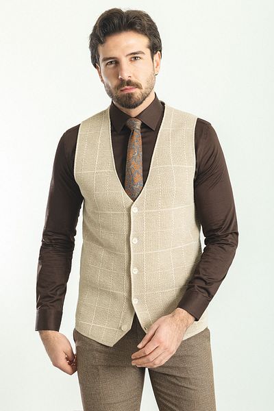 Mcr Kareli Slim Fit Triko Erkek Yelek Bej - 40930.22k