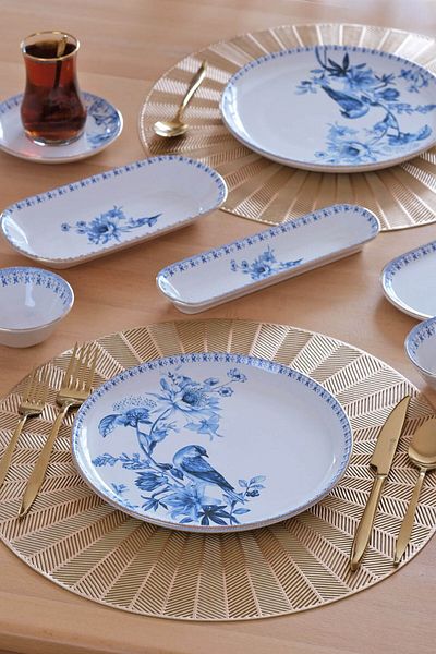 Glore Asian Blue Bird Gold Gilt 41 Pieces Ceramic Breakfast Set for 6 People