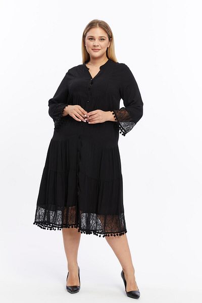 Zer Otantik Black Lace Detailed Pompom Dress - Sleeve and Skirt