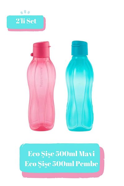 Tupperware Eco Easy Cover Bottle 500ml Blue and Pink Water Bottle Water Bottle Eco-Friendly Set of 2