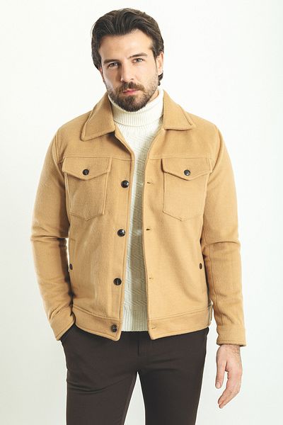 Mcr Plain Slim Fit Shirt Collar Wool Men's Coat Camel - 39572.23K