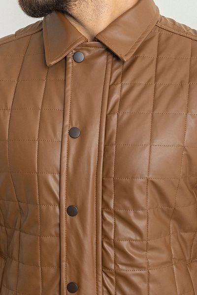 Mcr Quilted Slim Fit Shirt Collar Faux Leather Men's Coat Camel - 39573.23K