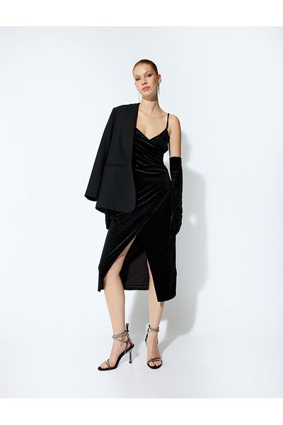 Koton Glitter Velvet Midi Φόρεμα - Slit and Draped Strap V-Neck