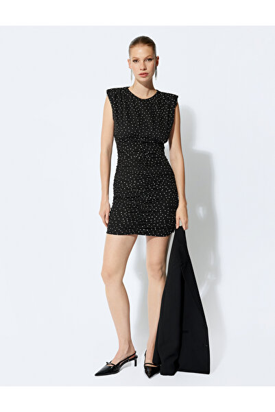 Koton Mini Puantiyeli Elbise Kolsuz Drapeli Bisiklet Yaka Slim Fit
