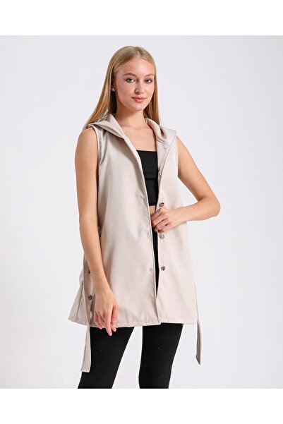 Tam12den Home Kapüşonlu Beli Kuşaklı Su Geçirmez Kadın Yelek Krem Ekru Renkli