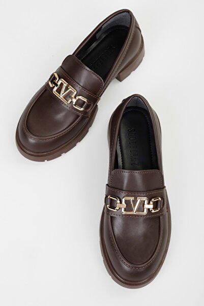 Shoeberry Women's Alto Brown Skin Buckle Detailed Loafer