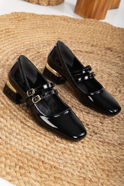 Mc vay Shoes Design special Toc Mary Jane din piele neagră lacuită dublă casc...