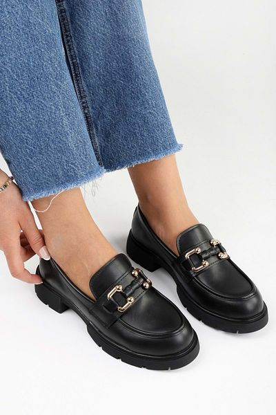Shoeberry Women's Roye Black Skin Buckle Detailed Loafer