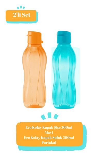Tupperware زجاجة مياه زرقاء بحجم 500 مل، صديقة للبيئة باللون البرتقالي، مجموعة من قطعتين