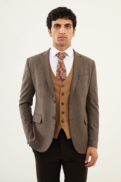 Mcr Checkered Slim Fit Mono Collar Combination Men's Suit Brown - 45357.24K