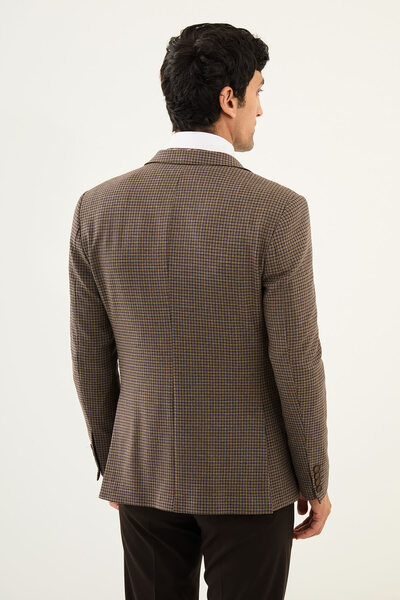 Mcr Checkered Slim Fit Mono Collar Combination Men's Suit Brown - 45357.24K