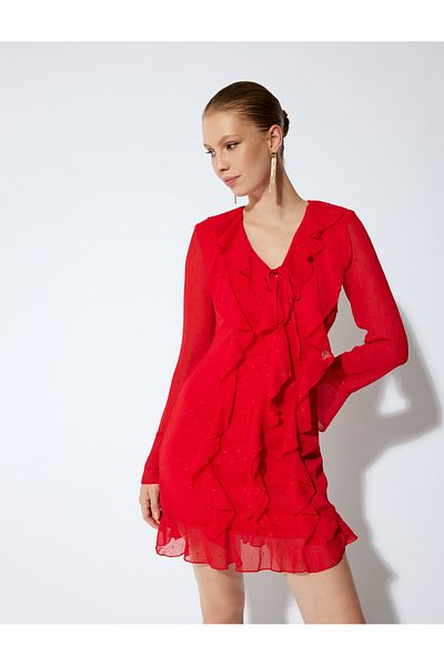 Koton Mini-Chiffonkleid mit langen Ärmeln, Rüschendetails und Volant-V-Ausschnitt