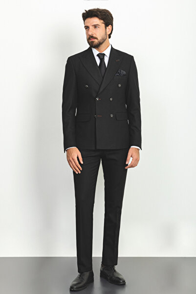 Mcr Straight Slim Fit Wide Lapel Double Breasted Wool Men's Suit Black - 45161.22K