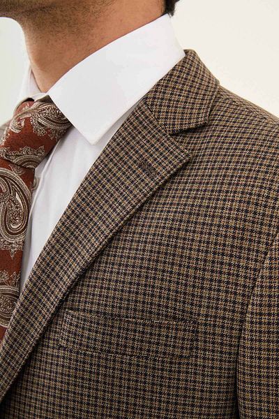 Mcr Checkered Slim Fit Mono Collar Combination Men's Suit Brown - 45357.24K
