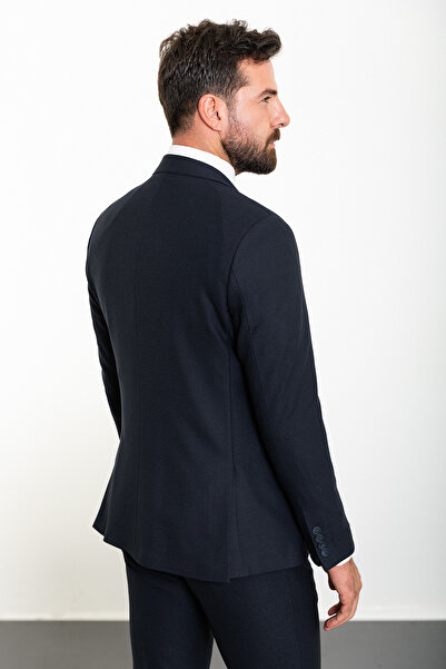 Mcr Plain Navy Blue Slim Fit Wide Collar Wool Classic Men's Suit