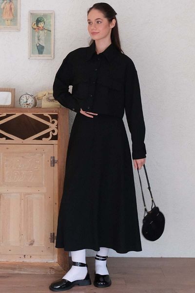 Ceylan Otantik Black Polyviscose Pocket Jacket Skirt Set