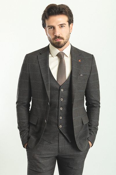 Mcr Costum pentru bărbați din lână, în carouri, maro, slim fit, cu guler mono
