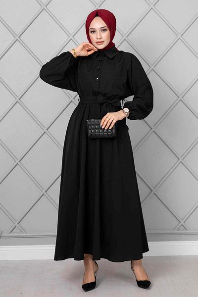 EBRUTESETTÜR Bat Sleeve Buttoned Long Hijab Dress Black