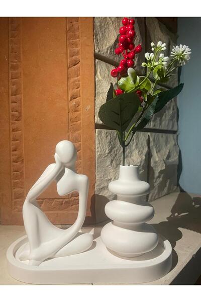 Home Thinking Man&Vase& Tray Stone Powder Handmade 3-Piece Object