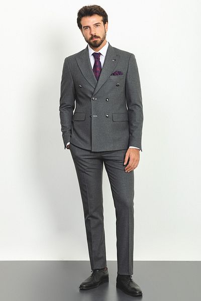 Mcr Straight Slim Fit Wide Collar Double Breasted Wool Men's Suit Anthracite - 45161.22K
