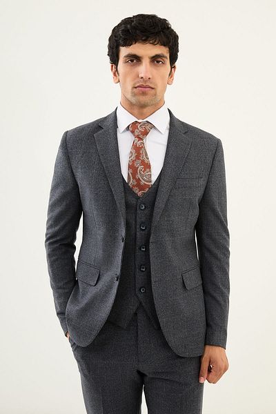 Mcr Plaid Slim Fit Mono Collar Men's Suit Navy Blue - 45360.24K