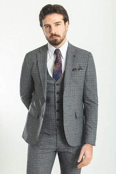 Mcr Plaid Slim Fit Mono Collar Wool Men's Suit Black - 45177.22K