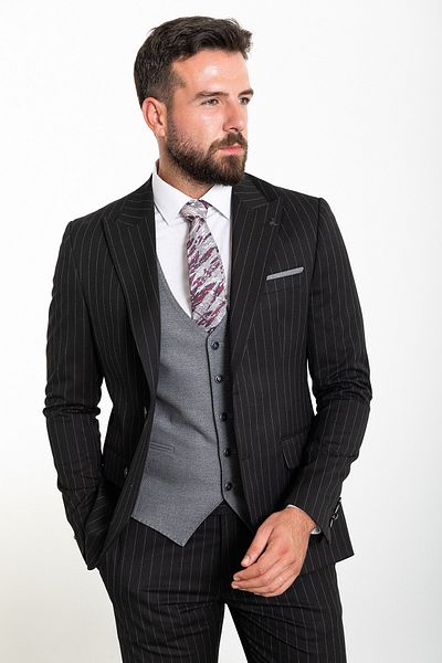 Mcr Ριγέ Μαύρο Slim Fit Φαρδύ γιακά Συνδυασμός Μάλλινο Ανδρικό Κοστούμι