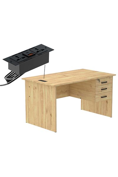Mahmayi Writing Table With Hanging Pedestal Attached Desktop Socket With USB AC Port - Oak