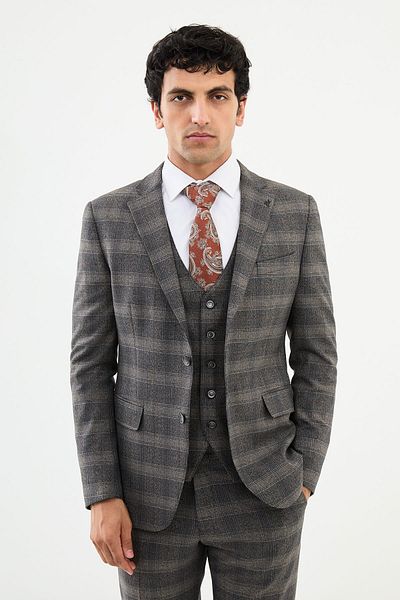 Mcr Plaid Slim Fit Mono Collar Men's Suit Black - 45361.24K