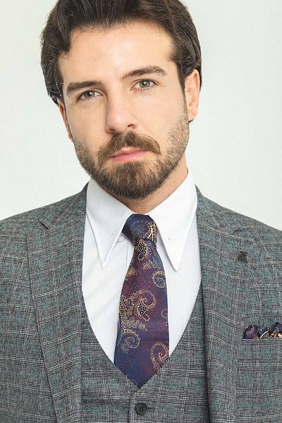 Mcr Plaid Slim Fit Mono Collar Wool Men's Suit Black - 45177.22K